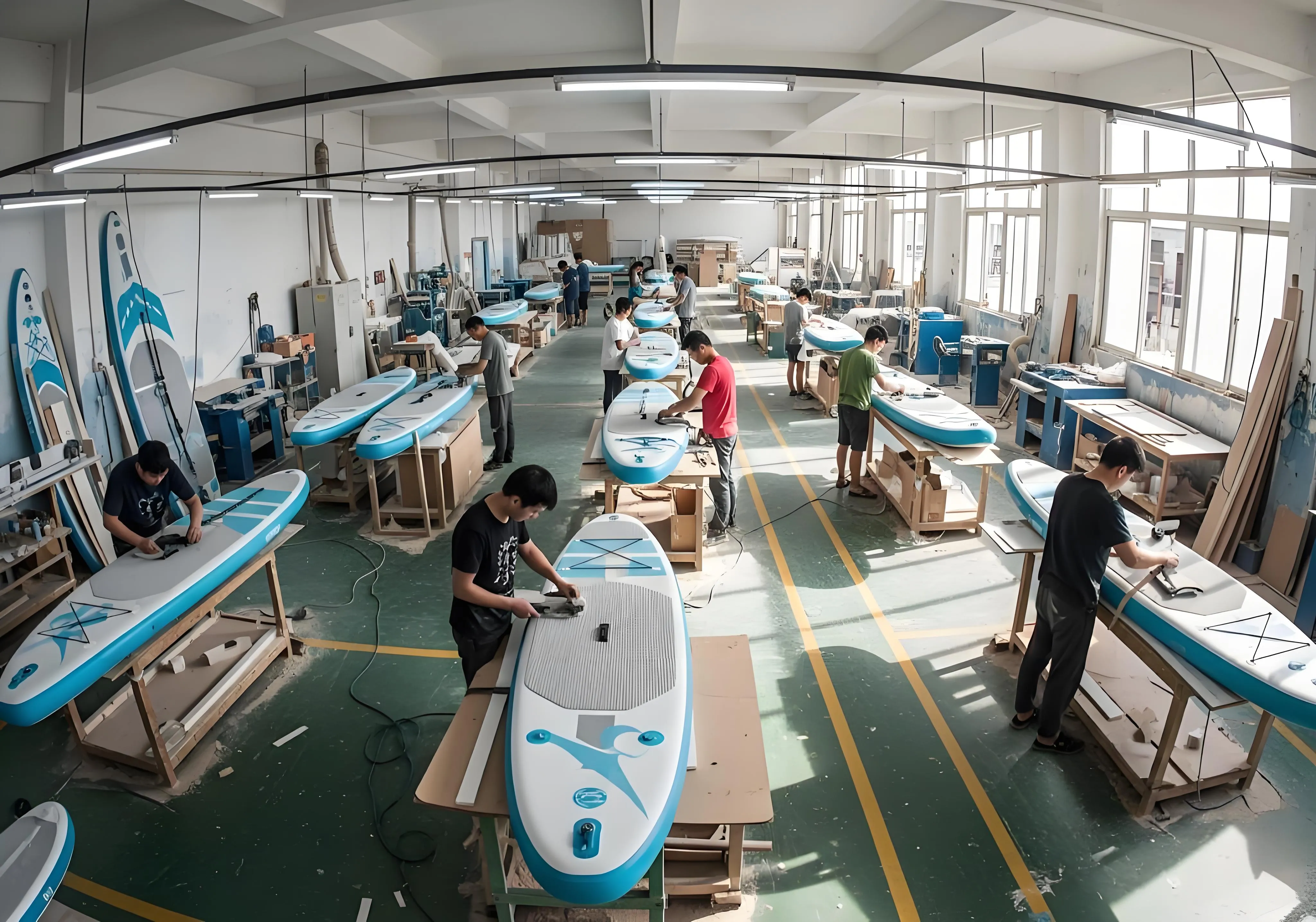 Inflatable SUP manufacturing line with drop-stitch core bonding equipment at Qingdao factory