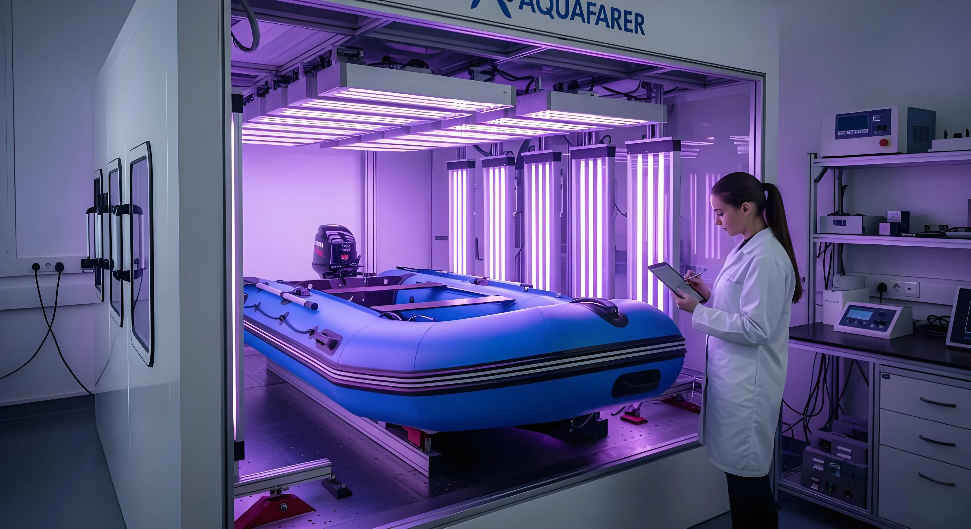 PVC material samples under accelerated UV radiation in resistance testing