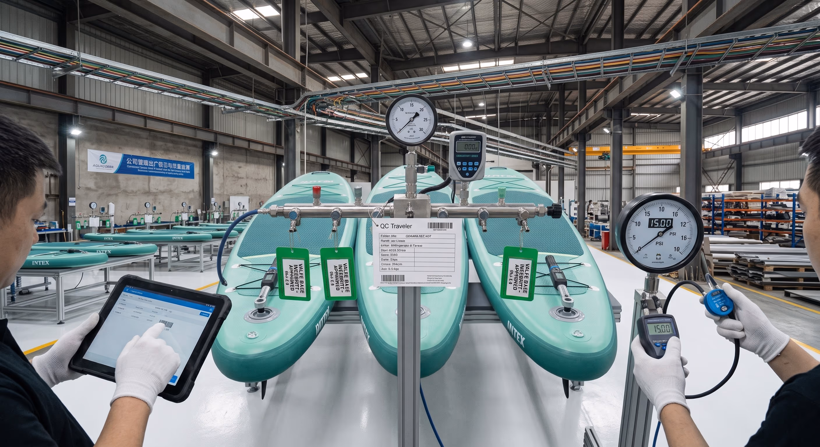 Finished inflatable SUP boards connected to digital pressure recorders in the final pressure-hold test area