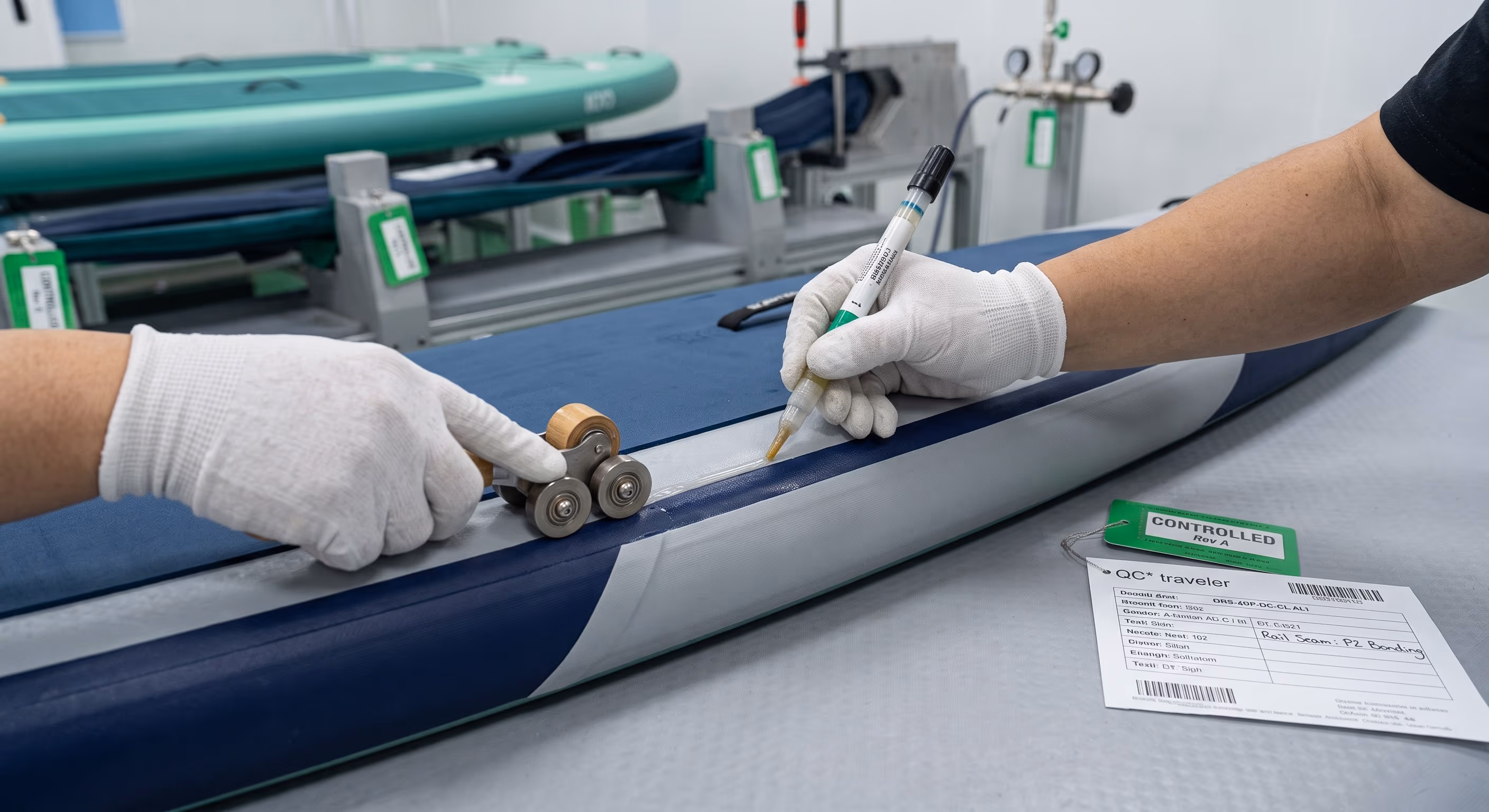 Technician applying two-component PU adhesive to a rail seam with a precision brush under controlled climate