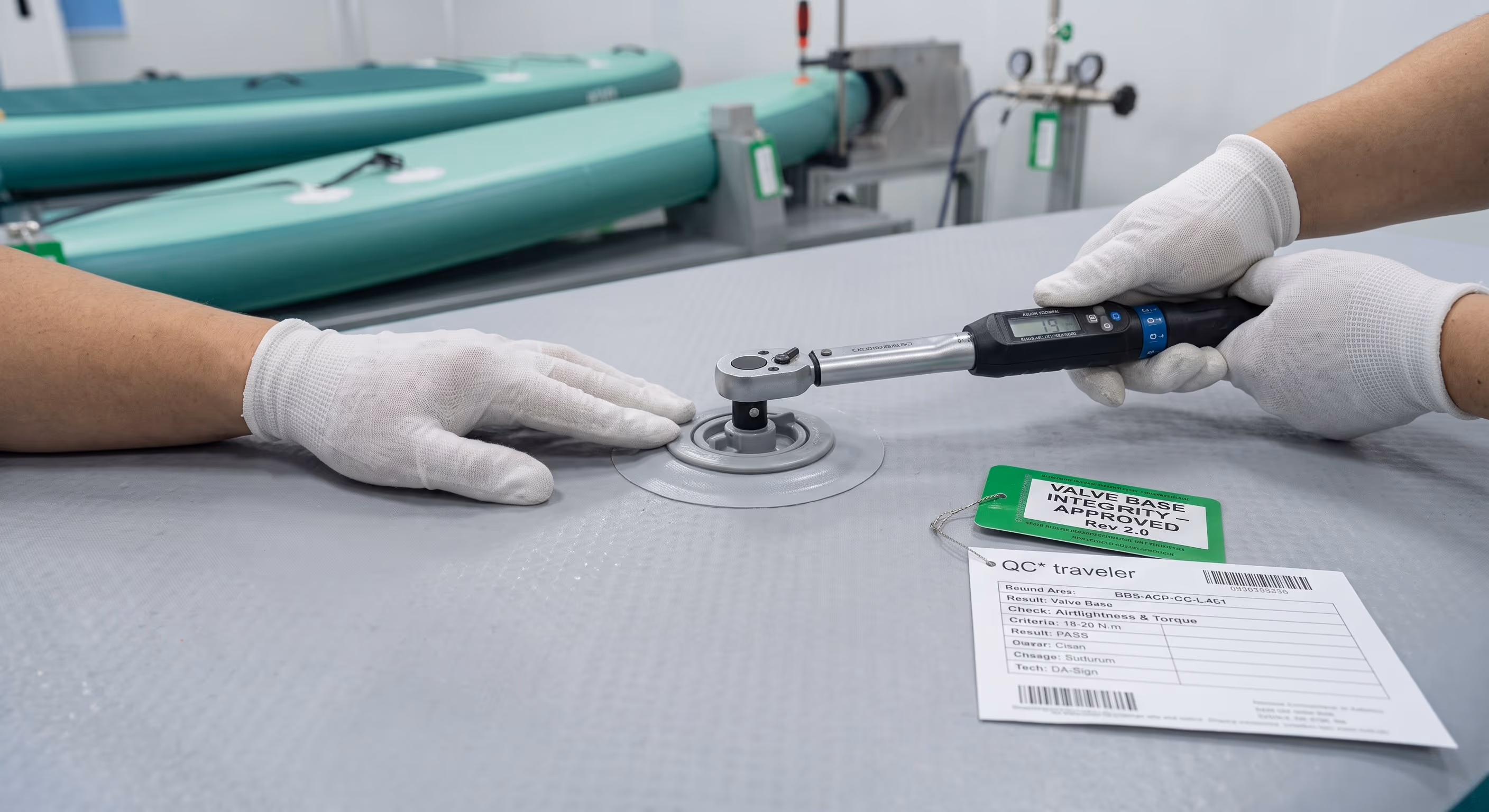 Digital torque wrench set to 19 N·m securing the valve core against the drop-stitch material