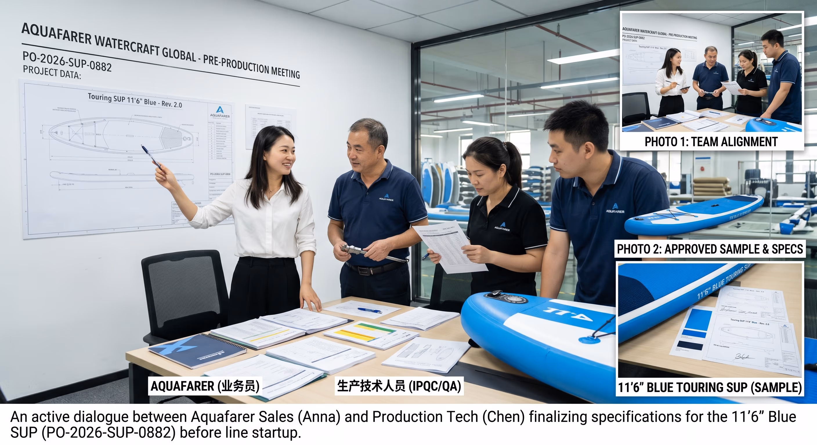 Pre-production meeting reviewing the golden sample and quality inspection plan for an OEM SUP order