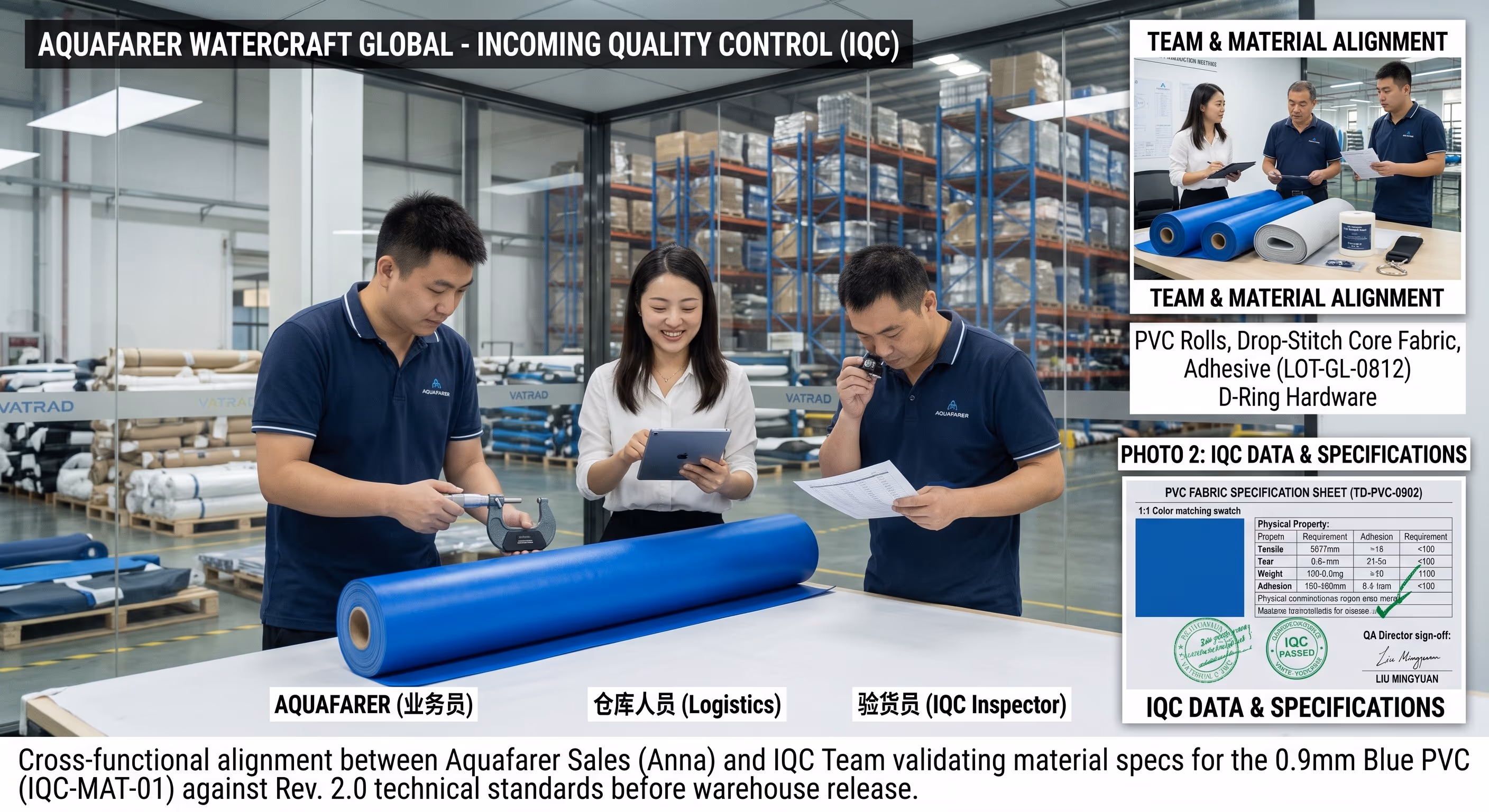 Incoming material inspection of PVC fabric and SUP components at the factory