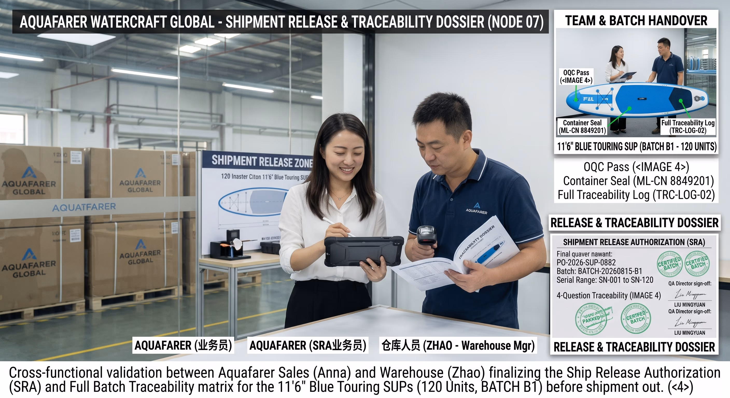 Shipment release sign-off and batch traceability record handover