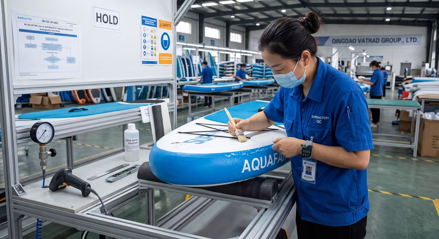 QC technician performing controlled air-tightness rework on an inflatable SUP at the factory rework station