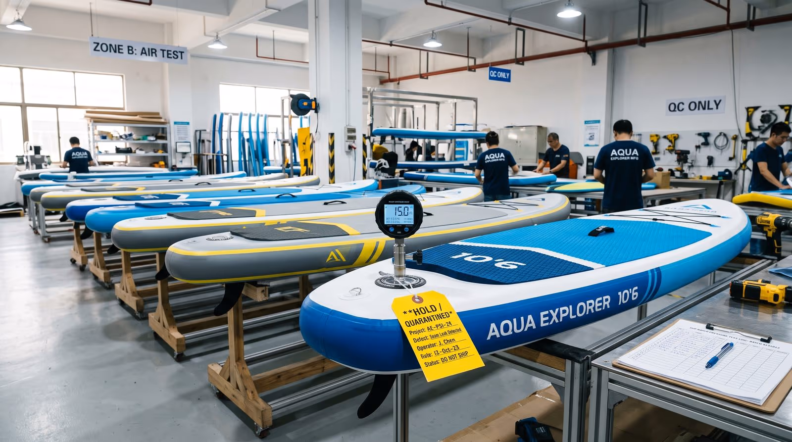 Inflated inflatable SUP boards in the factory air-tightness test area monitored by digital pressure gauges